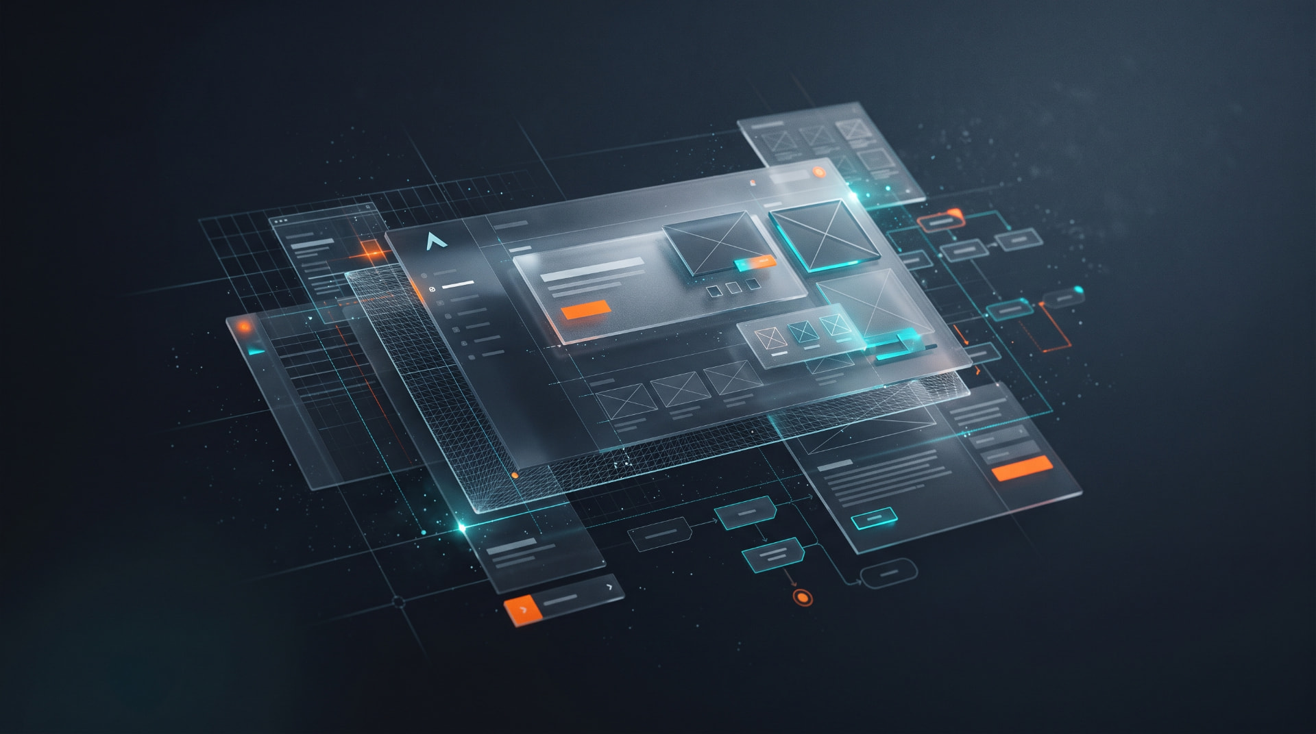 Layered frosted-glass interface panels, flowcharts, and grid overlays floating in a dark digital space