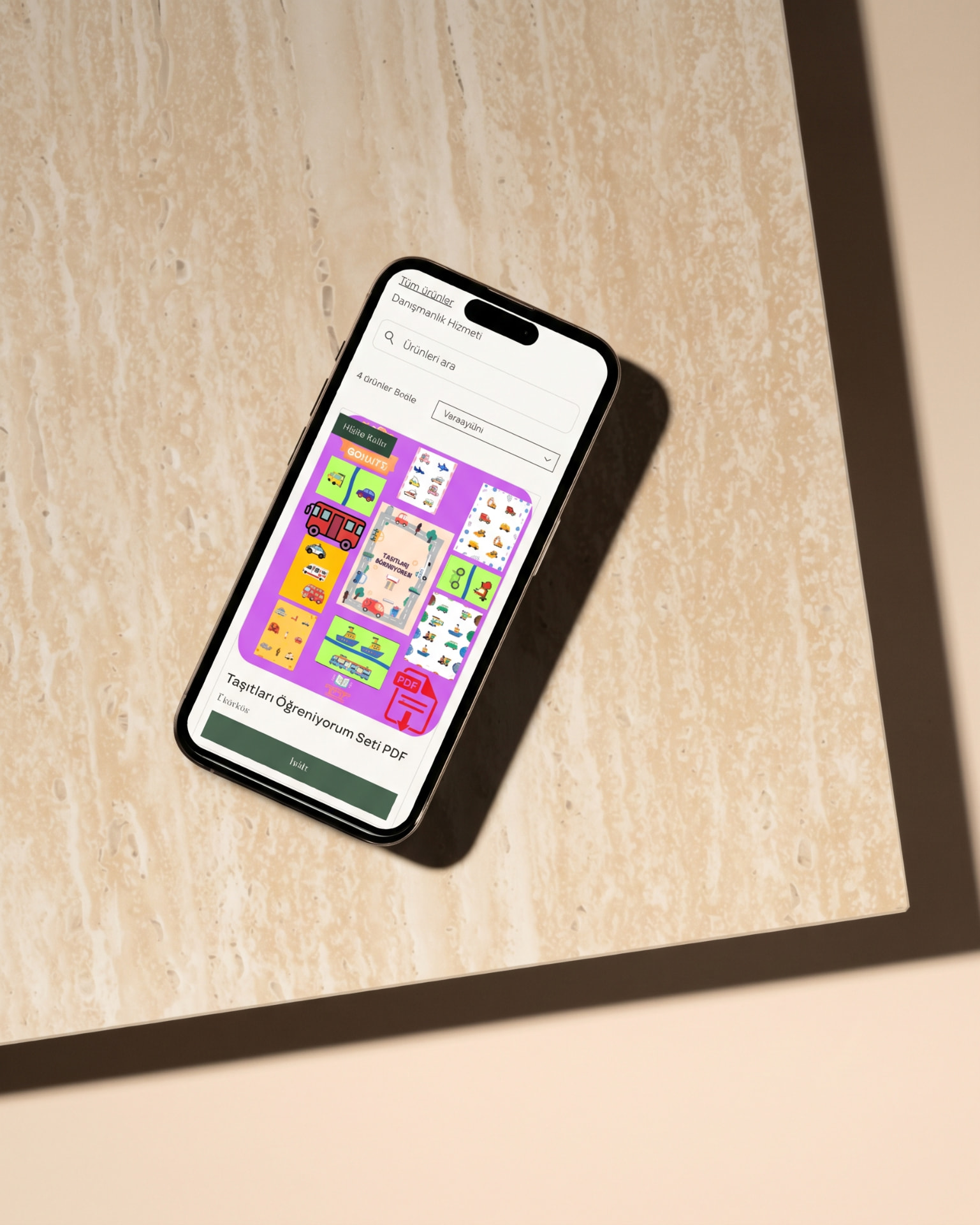 Listenway Mobile UI shop screen shown on a phone standing on a travertine surface
