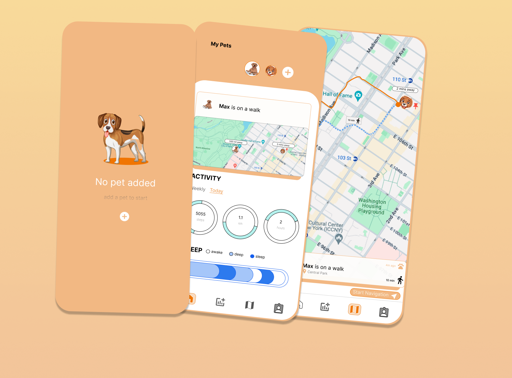 Pet Tracker app shown on three phones: empty state, pet dashboard, and live GPS walk map
