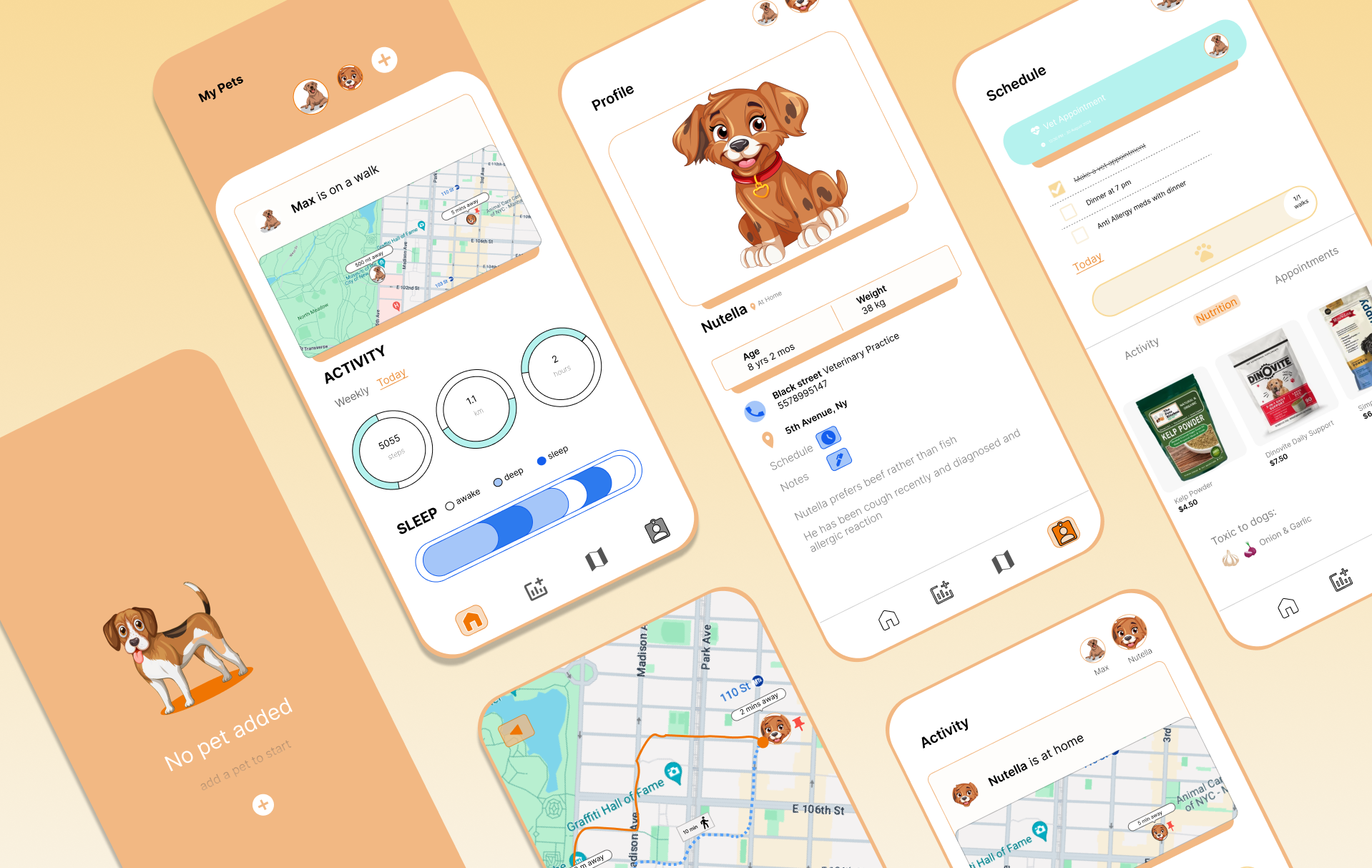 Pet Tracker screens shown in isometric layout: dashboard, pet profile, daily schedule, and GPS tracking map